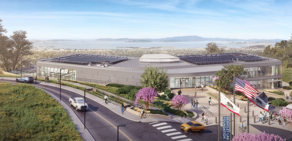 Architectural rendering of a modern building with a view of San Francisco bay in the background