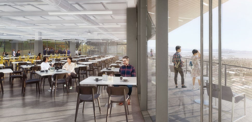 Architectural rendering of people sitting in a cafeteria, and two people standing on the outside terrace looking at the view from the building