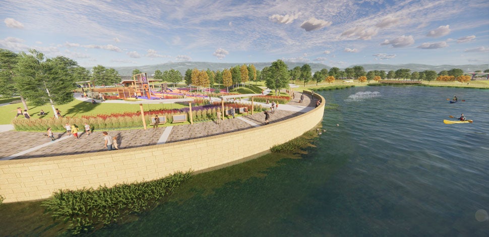 Architectural rendering of a sea wall running along a lake 