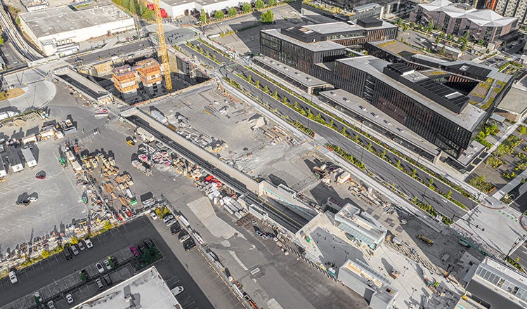 Aerial photo of East Link transit construction in urban area