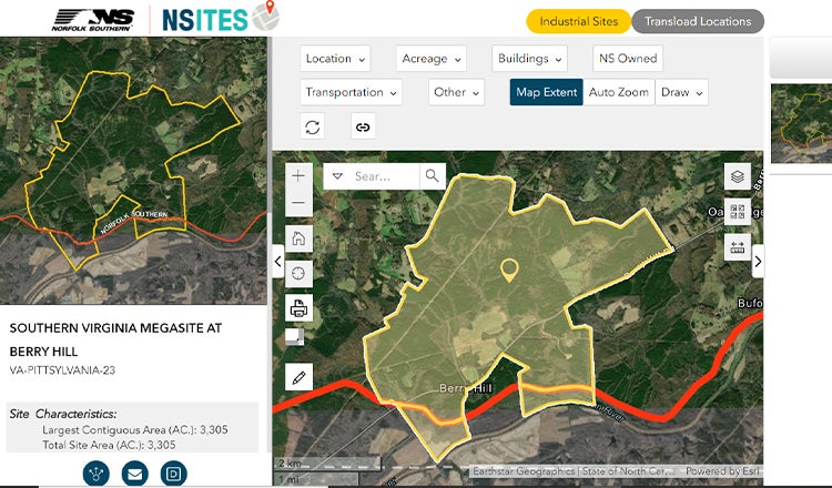 Screenshot of NSites website, showing detail of available industrial site