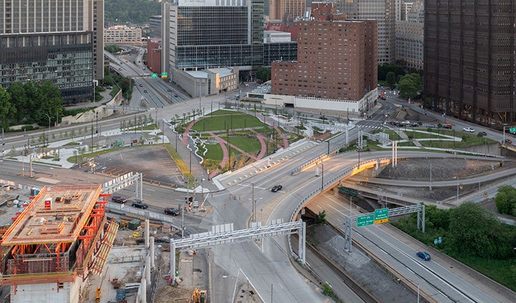 Aerial photo of finished Pittsburgh I-579 cap