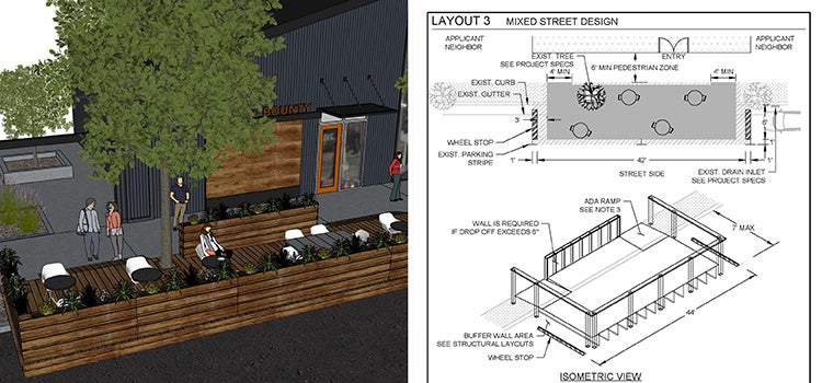 photo collage of rendering of outdoor dining and engineering blueprint 