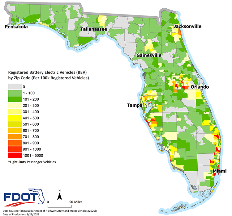 graphic of electric vehicles in Florida by zip code