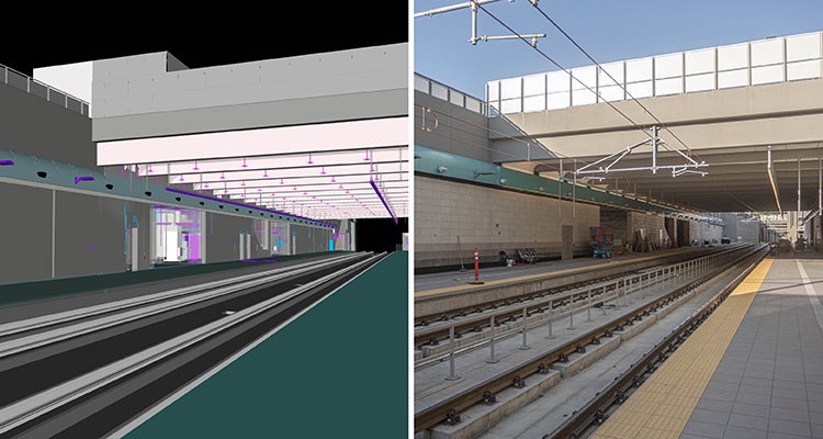 Side by side of BIM model and completed construction of transit station