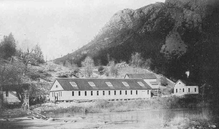 Old black and white image of United States Bureau of Fisheries Hatchery at Baird, CA. 