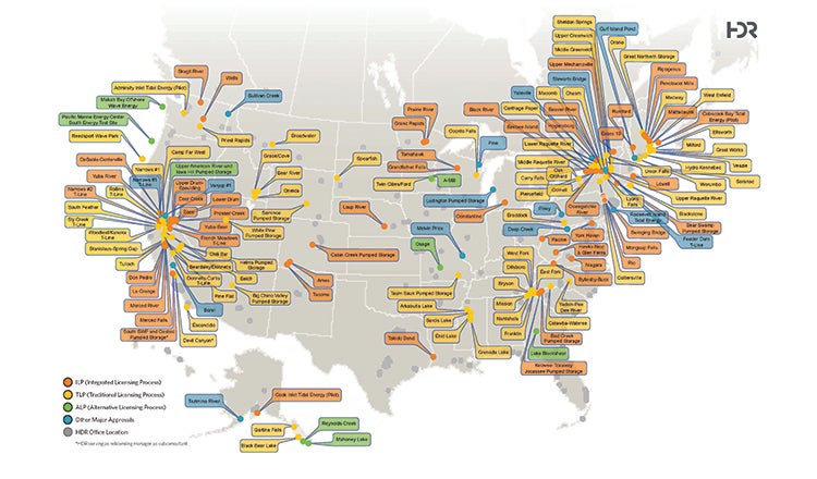 A map showing HDR's current and historic FERC relicensing efforts