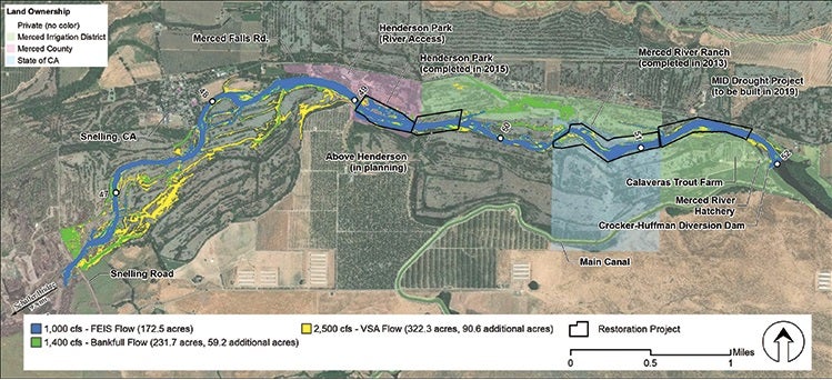 Model output of usable salmon habitat along the Merced River