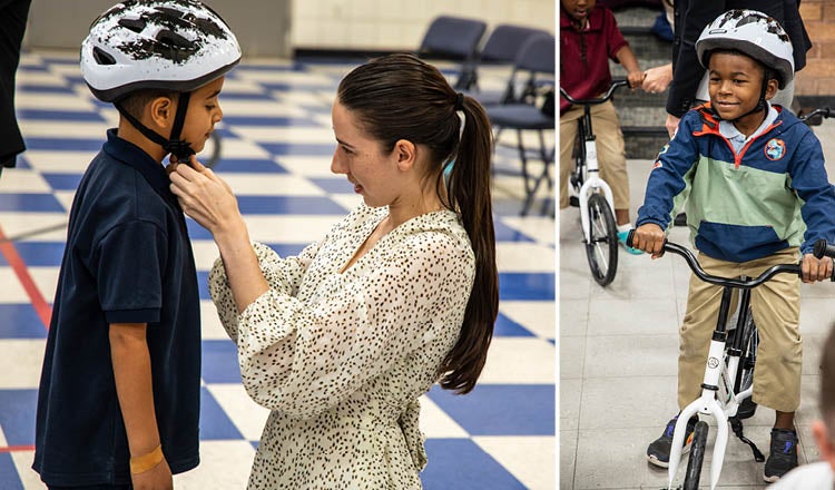 Kindergartners at Sunland Elementary School and Bush Elementary School in Phoenix learn to ride a bike. 