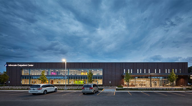 Advocate Outpatient Center Oak Lawn Color Blocks at Entrance at Night