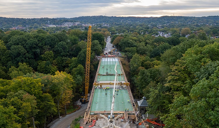 aerial photo of Fern Hollow bridge under construction in fall 2022