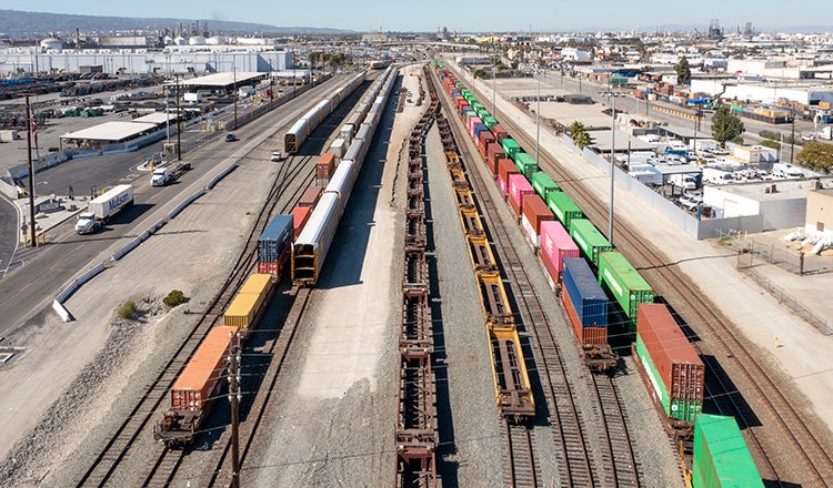 freight trains on tracks at port of long beach