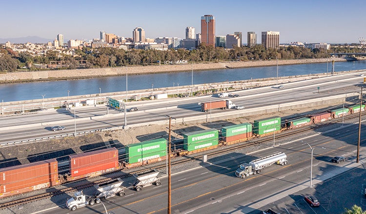 train and cars near the port of long beach