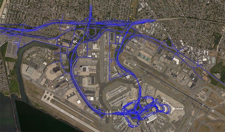 overhead view of traffic network at airport