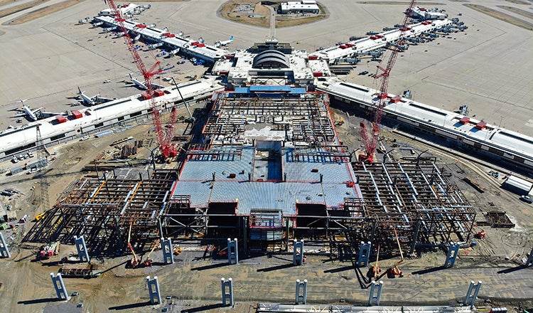 aerial photo of Pittsburgh airport terminal in construction