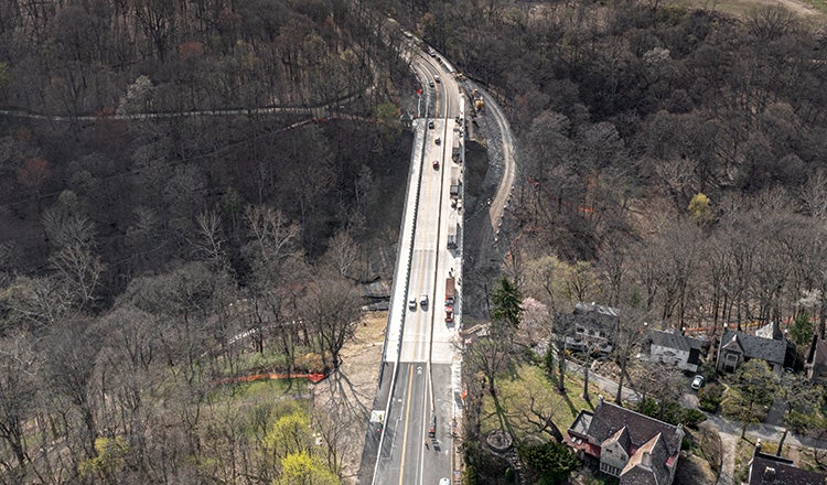 aerial photo of new Fern Hollow bridge with traffic moving