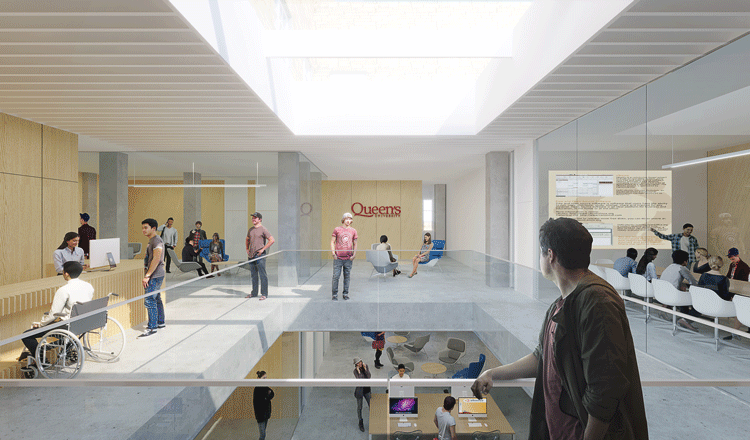 A rendering of the Queens University John Deutsch Centre Student Experience area with a combination of mass-timber and glass walls so people can see into conference rooms and down to the floor below.