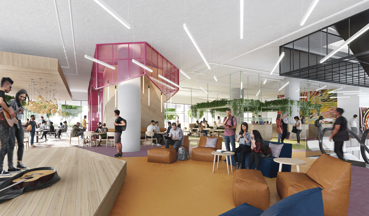 A rendering of the Student Hub at the Western Sydney University Bankstown City Campus. About 50 students are depicted using the space for various functions. On the left, two students perform music on a stage overlooking a lounge area with plump, comfortable brown leather and blue velvet chairs. The glass windows in the back offer views to the courtyard for students enjoying lunch in a variety of seating and table options decorated with artistic lighting and green, viney plants hanging overhead. 