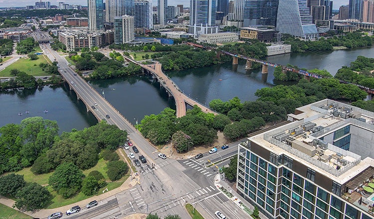 aerial view of bridges in downtown Austin