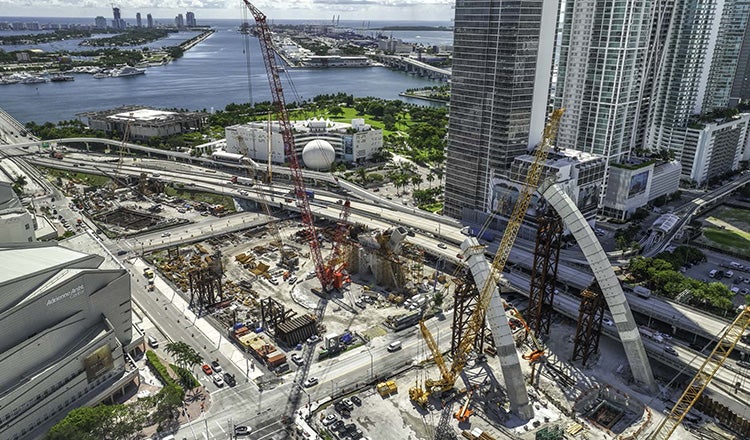 aerial photo of I-395 bridge arches in Miami