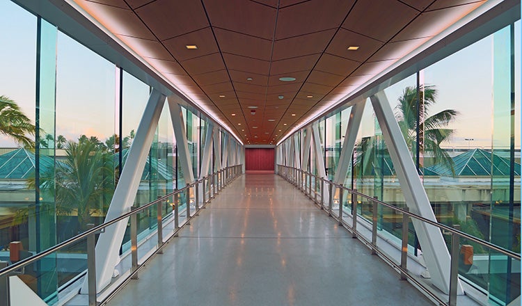 interior of pedestrian bridge, with wood ceiling and glass windows