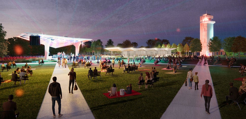 Architectural rendering of an event lawn in a park at night
