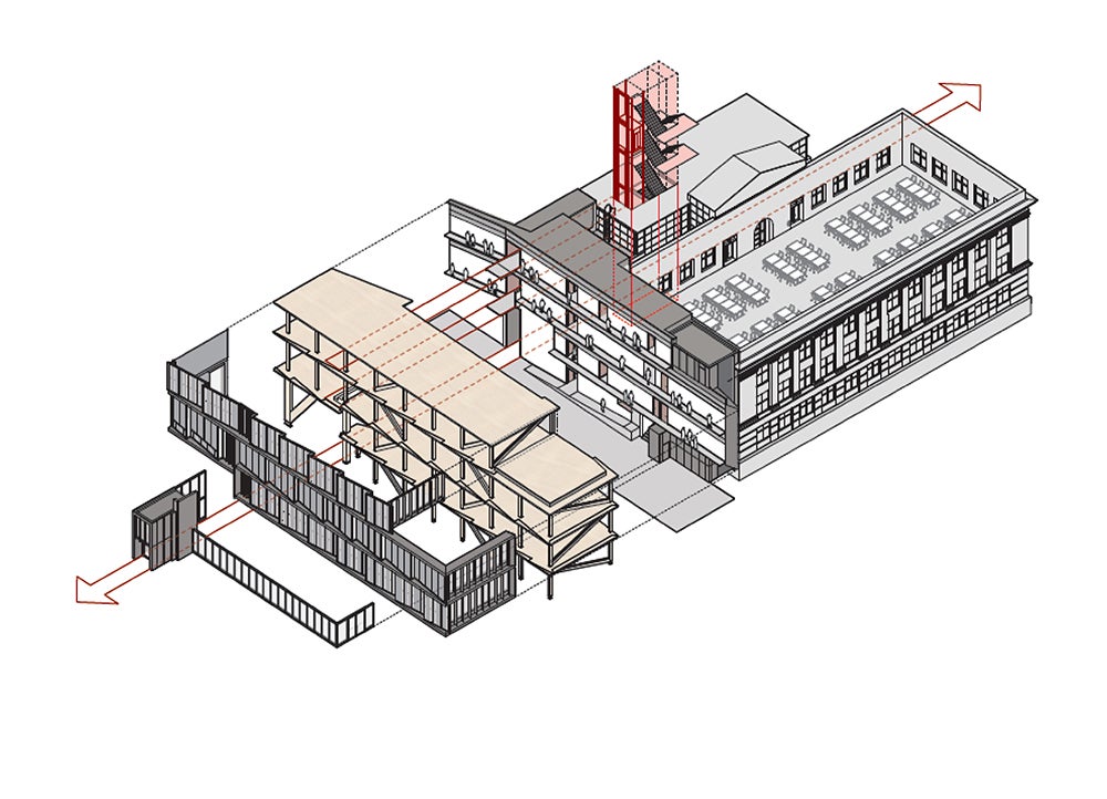 Expanded isometric of the HDR Pavilion at the UNL College of Architecture campus