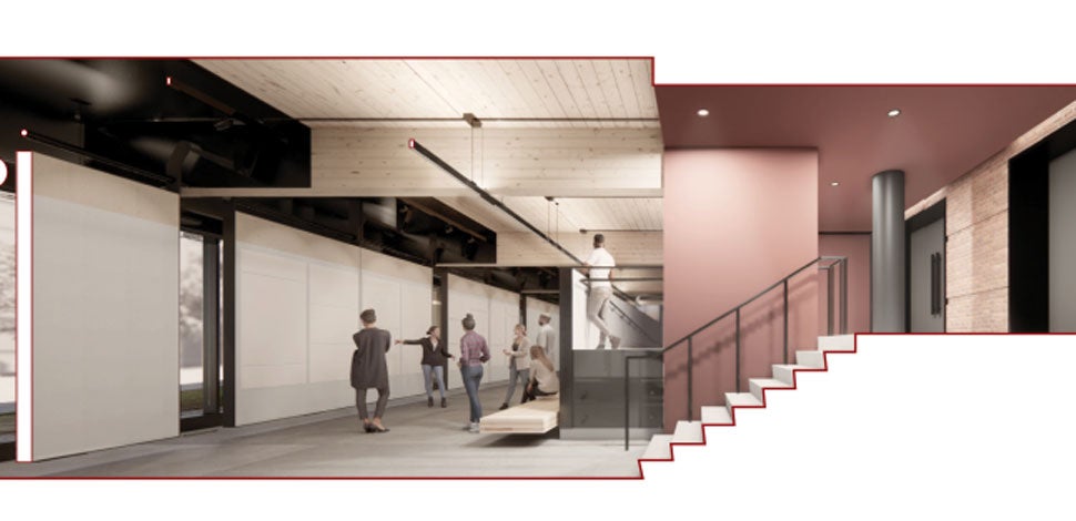 Architectural rendering of stairs leading down to a studio with deployable art walls positioned down