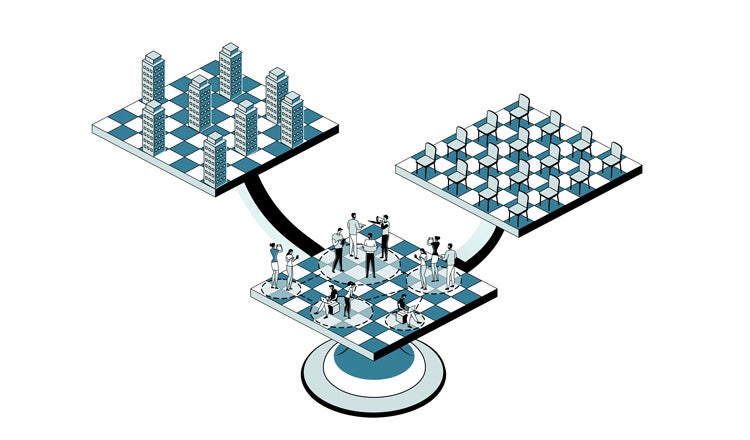 Graphic element that shows three different chessboards with one for real estate, one for timetabling, and one for student life