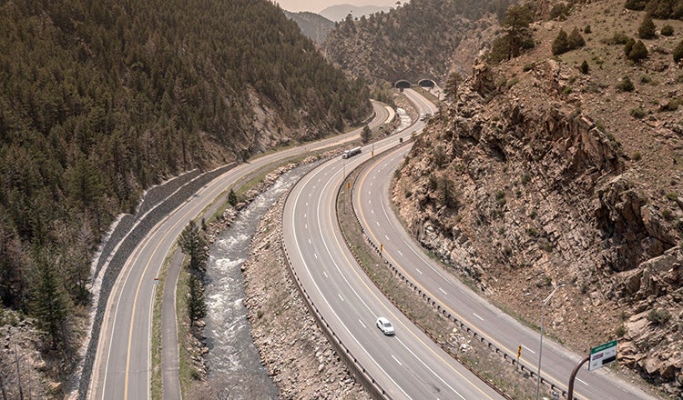 I-70 curving through mountains