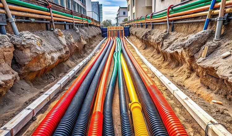 Shot of duct bank cabling system placed in underground path.
