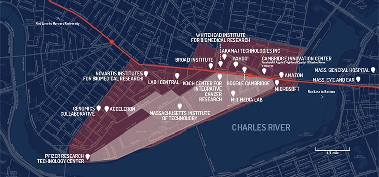Innovation district example in Boston with institutions mapped to show proximity of innovation, healthcare and research