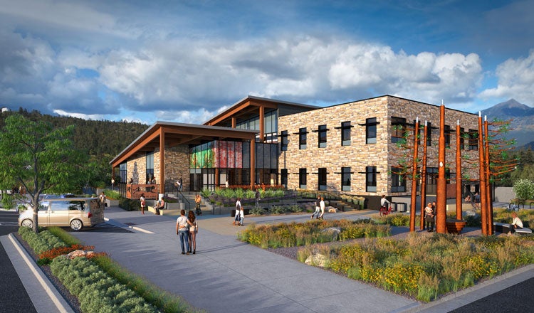 exterior rendering of the mountain line downtown connection center depicting an active entry experience