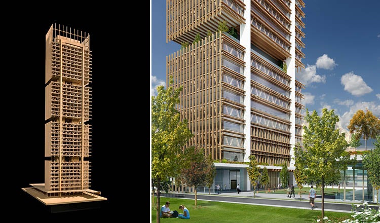 Spit image, two different renderings of a mass timber building