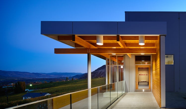 Entrance to mass timber building, evening time, soft light