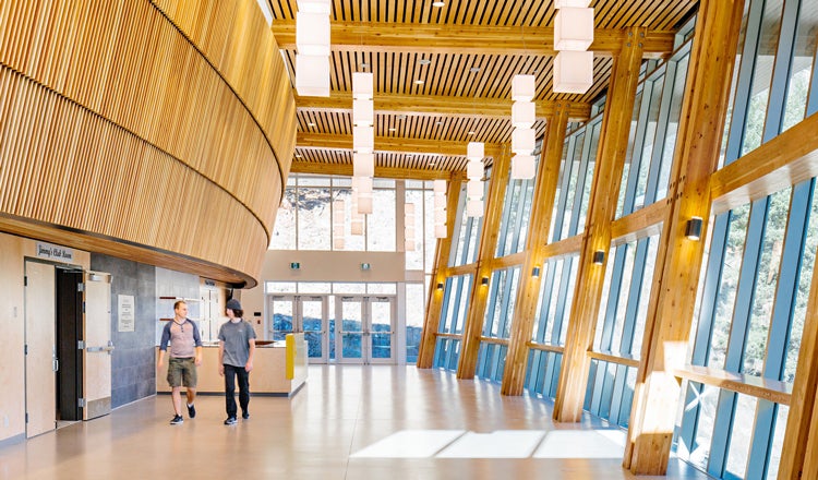 Mass timber interiors, people walking through, hanging light fixtures