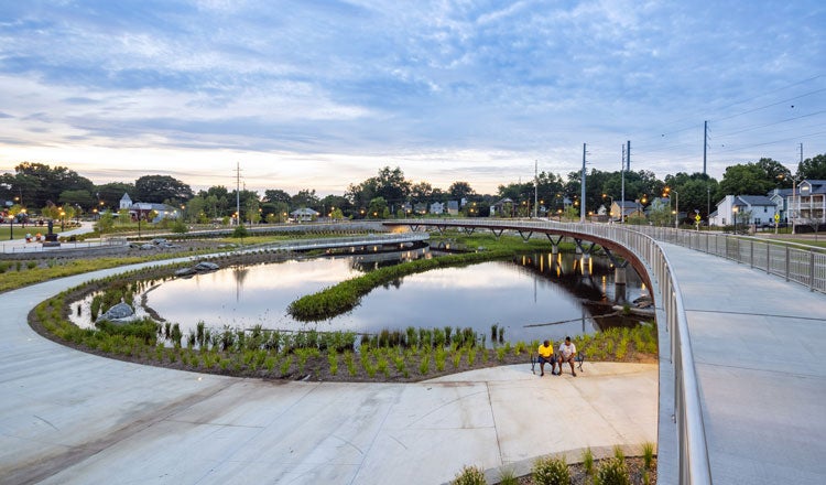 walking paths surrounding lake at Rodney Cook Sr. Park
