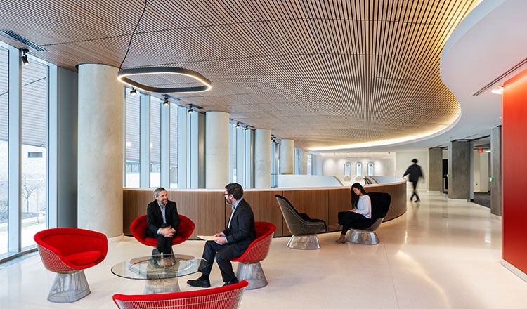 Interior of lobby with seating area at Mayo Clinic Kellen Building in Rochester, Minnesota.