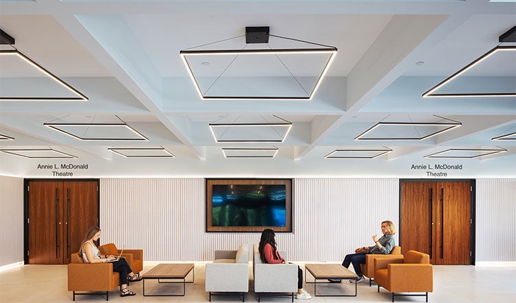 Interior with soft furnishings and ceiling lighting at Nebraska Wesleyan Elder Memorial Theatre Center.