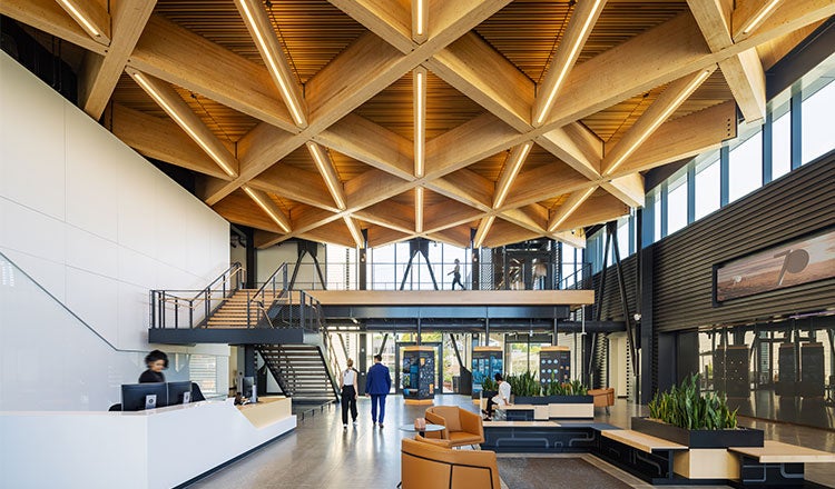 Lobby of Orange County Sanitation District Headquarters with Innovative Timber Roof Design.