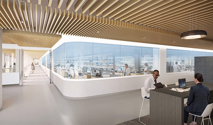 Rendering of a laboratory with researchers working and two people sitting outside together