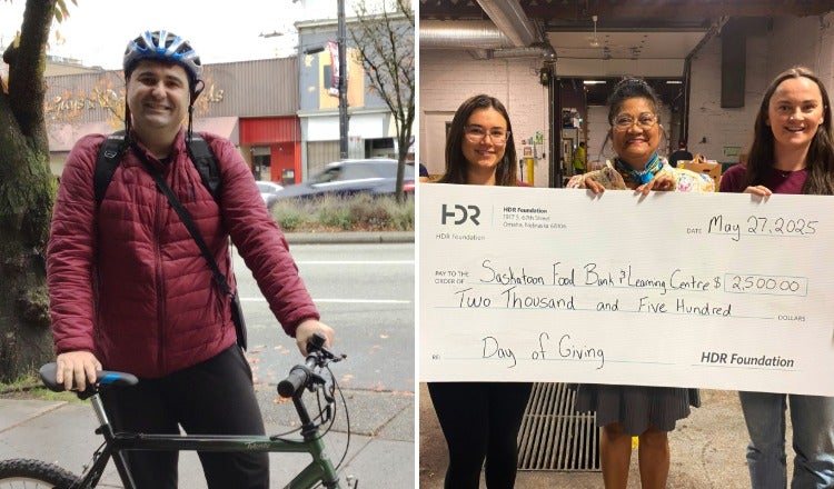 A Pedal Foundation bike recipient poses with his bike and employees present a check to the Saskatoon Food Bank