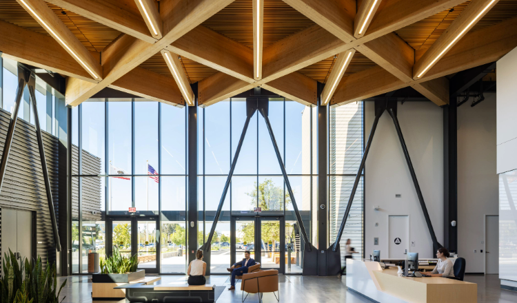 Interior shot of lobby at Orange County Sanitation district headquarters complex, showing mass timber construction elements.