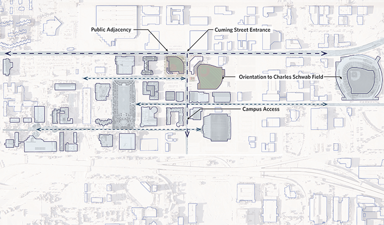 diagram of baseball and softball complex in context of downtown