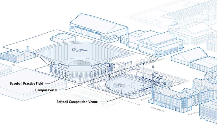 diagram of baseball and softball complex in campus context