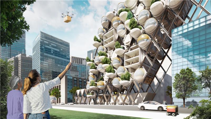 conceptual rendering of futuristic hospital with modular pods