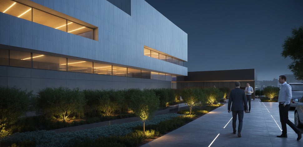 Rendering of people approaching a modern building at night