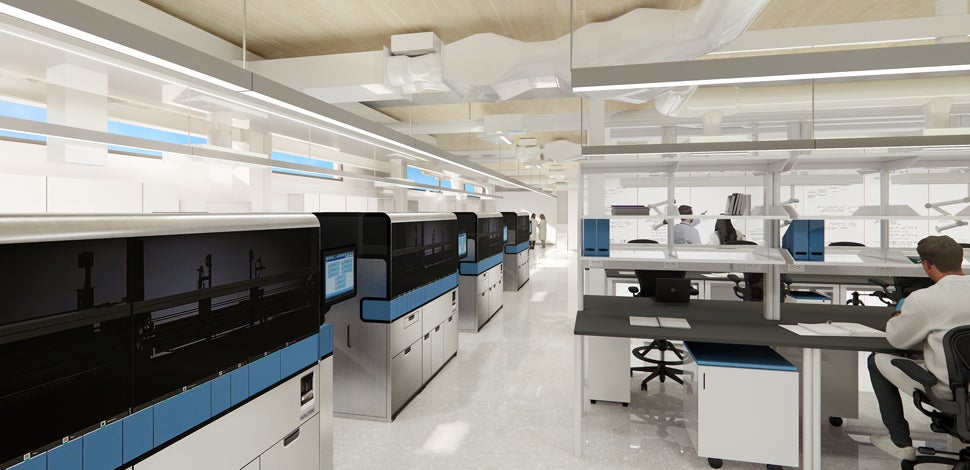 Rendering of the interior of a modern laboratory, a researcher works at a lab bench