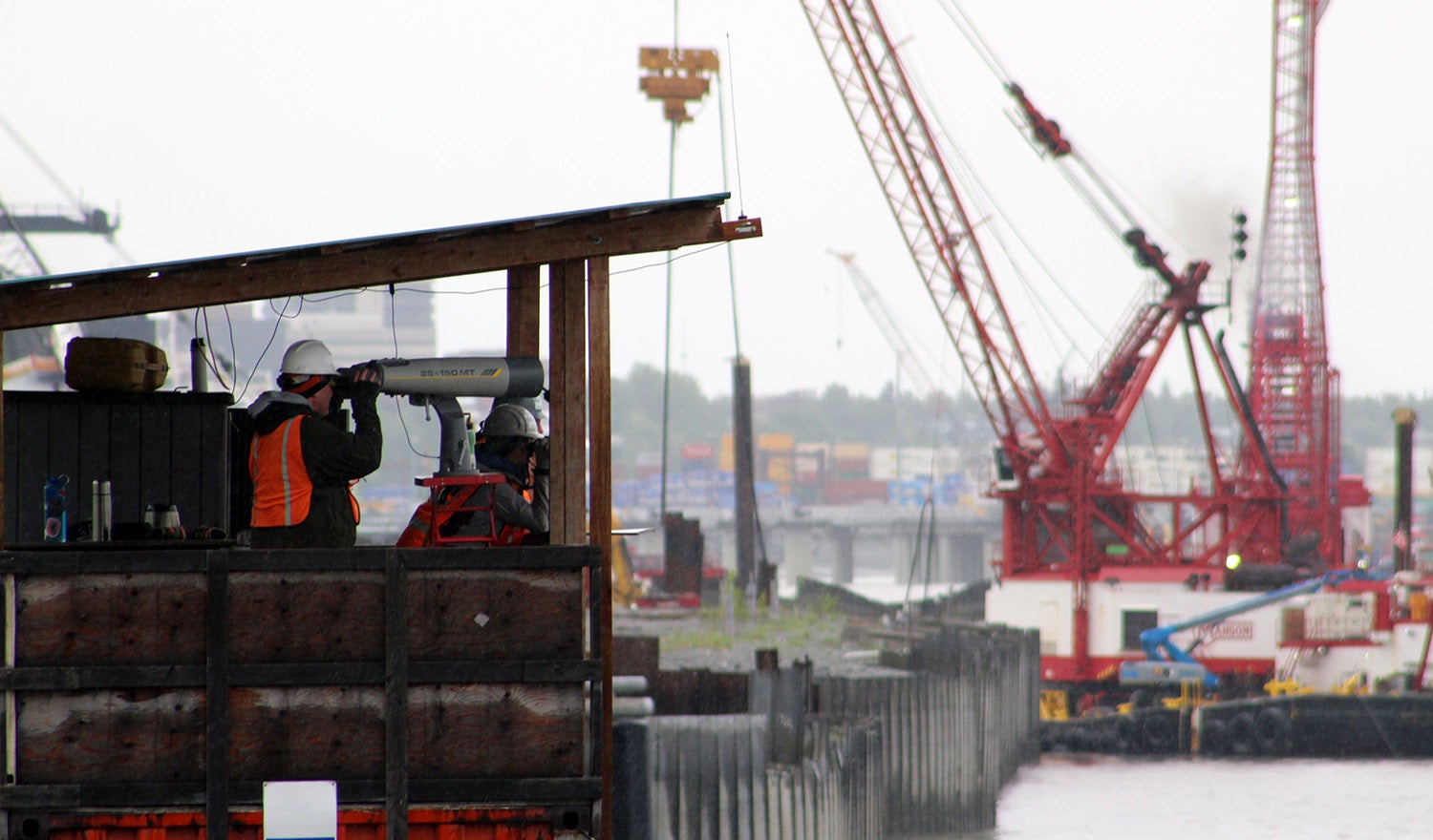 People in an observation tower looking for beluga whales