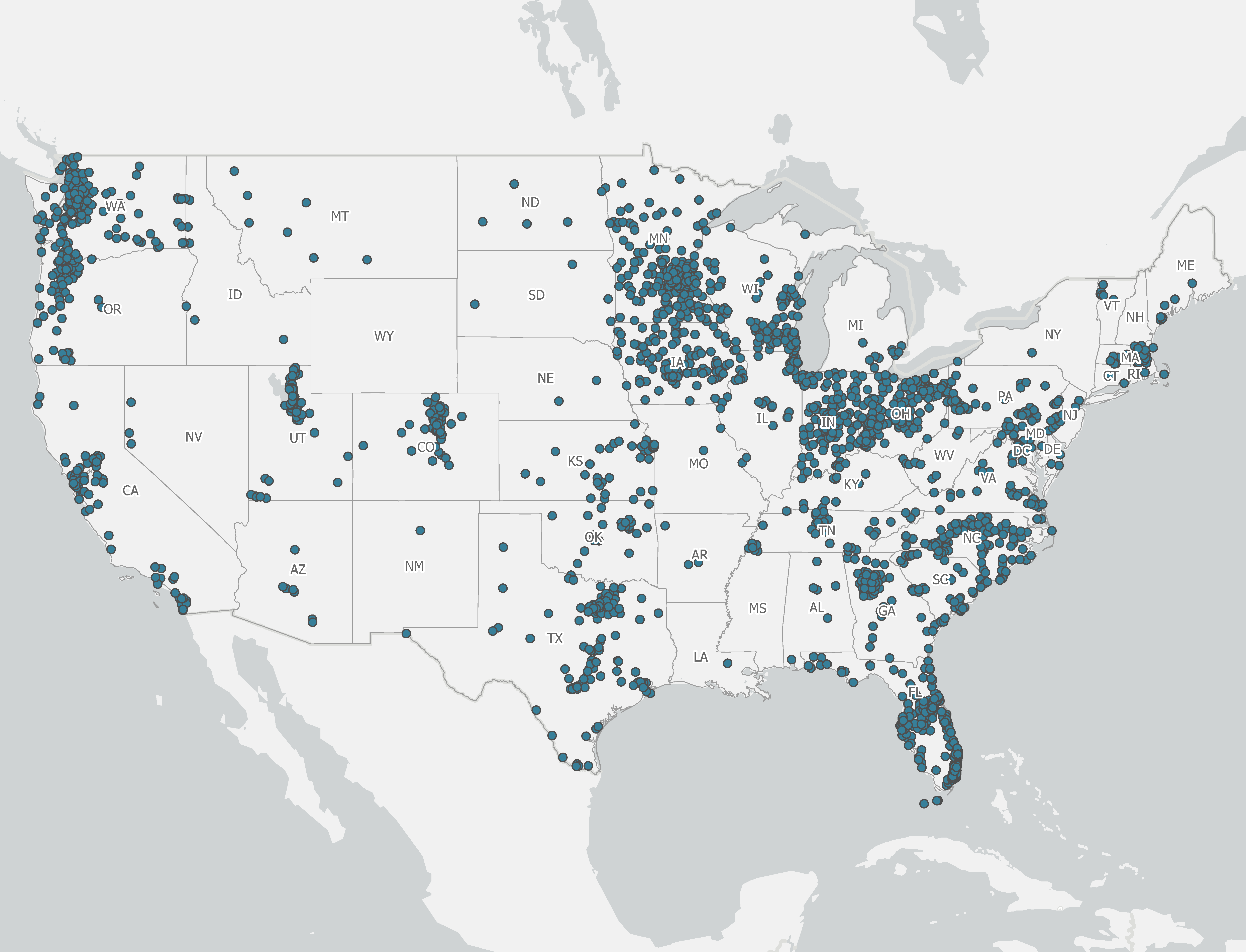 A map showing stormwater utilities in the United States as of 2025